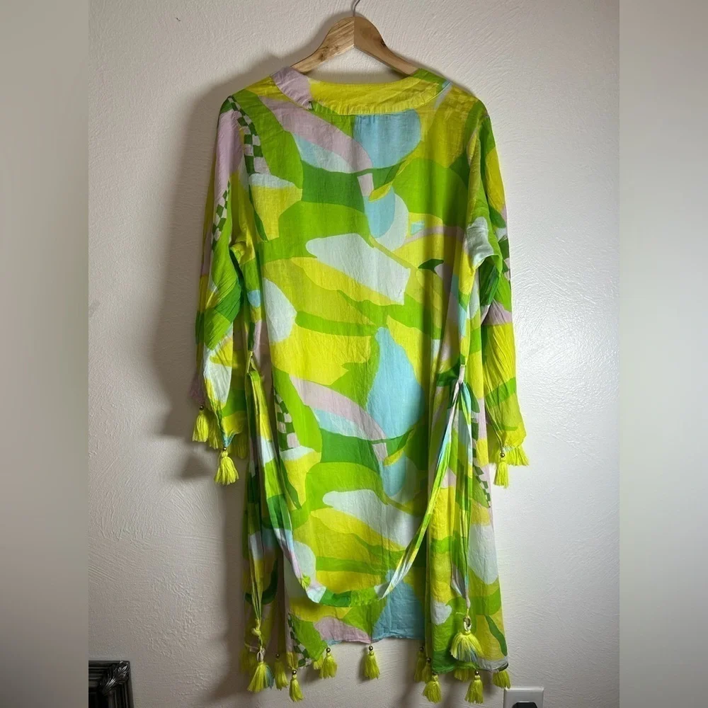 True Destinations 100% Cotton Bright Printed Tassel Trim Cover Up Robe Belt Sz L